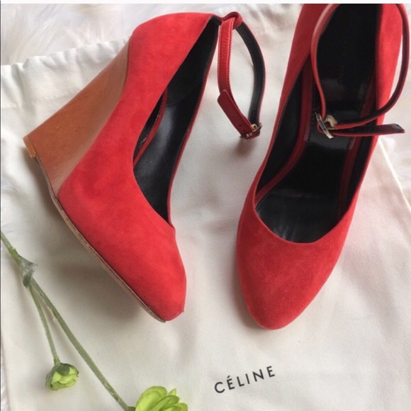 Celine Shoes - Celine Red Suede Wedges
